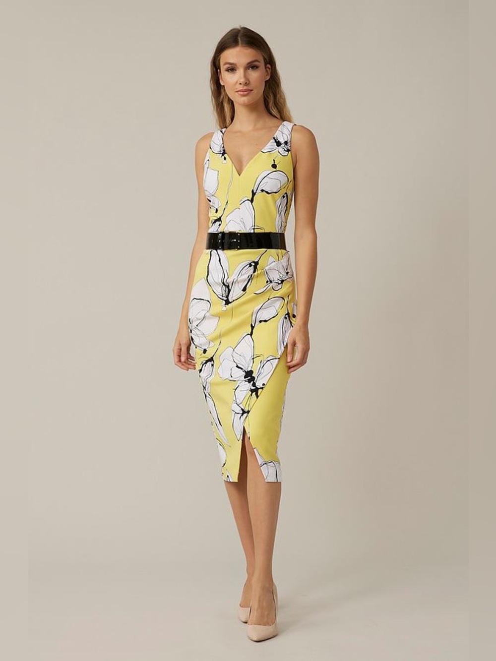 Joseph Ribkoff Size 8 Floral Belted Dress Style 221055 Yellow Black White